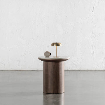 TREVELO SIDE TABLE  |  DEEP WALNUT  WOOD GRAIN  |  CARRARA BIANCO CERAMICA TOP