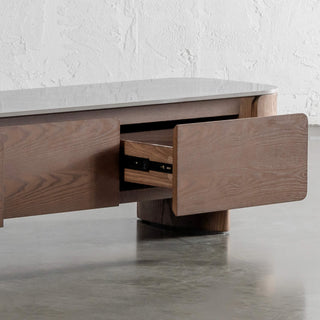 TREVELO ENTERTAINMENT UNIT  |  WALNUT WOOD GRAIN  |  VALENTINA GRIGIO CERAMICA TOP | DRAW OPEN CLOSEUP