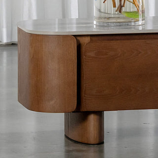 TREVELO ENTERTAINMENT UNIT  |  WALNUT WOOD GRAIN  |  VALENTINA GRIGIO CERAMICA TOP | ROUNDED CORNER + LEG CLOSEUP