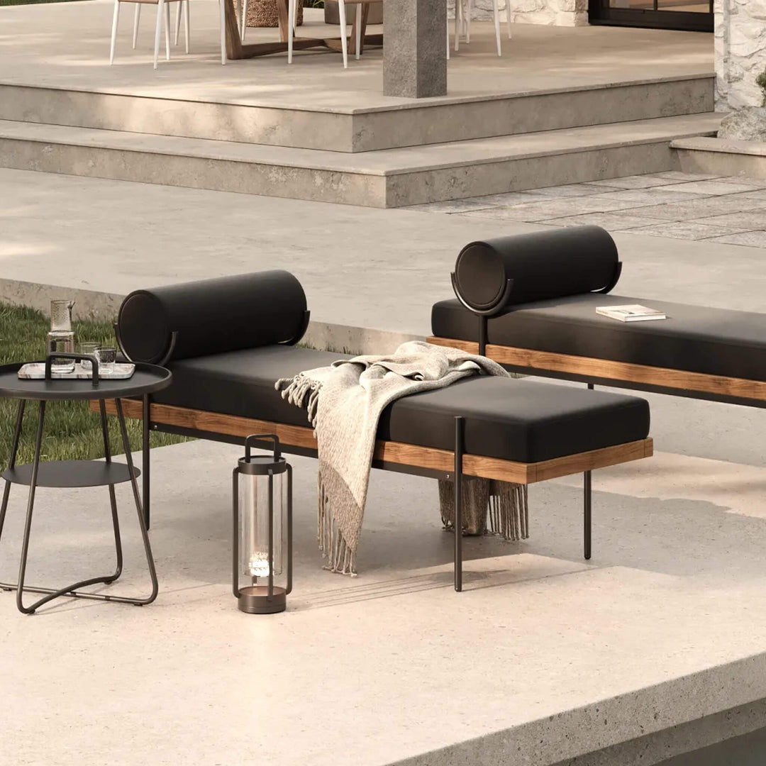 TRIESTE_DAYBED_BENCH___NOIR_BLACK_PALOMA_SIDE_TABLE_WITH_HANDLE___ANTHRACITE_PLAGE_TOUQUET_RECHARGEABLE_INDOOR_OUTDOOR_LED_LANTERN___MATTE_BLACK