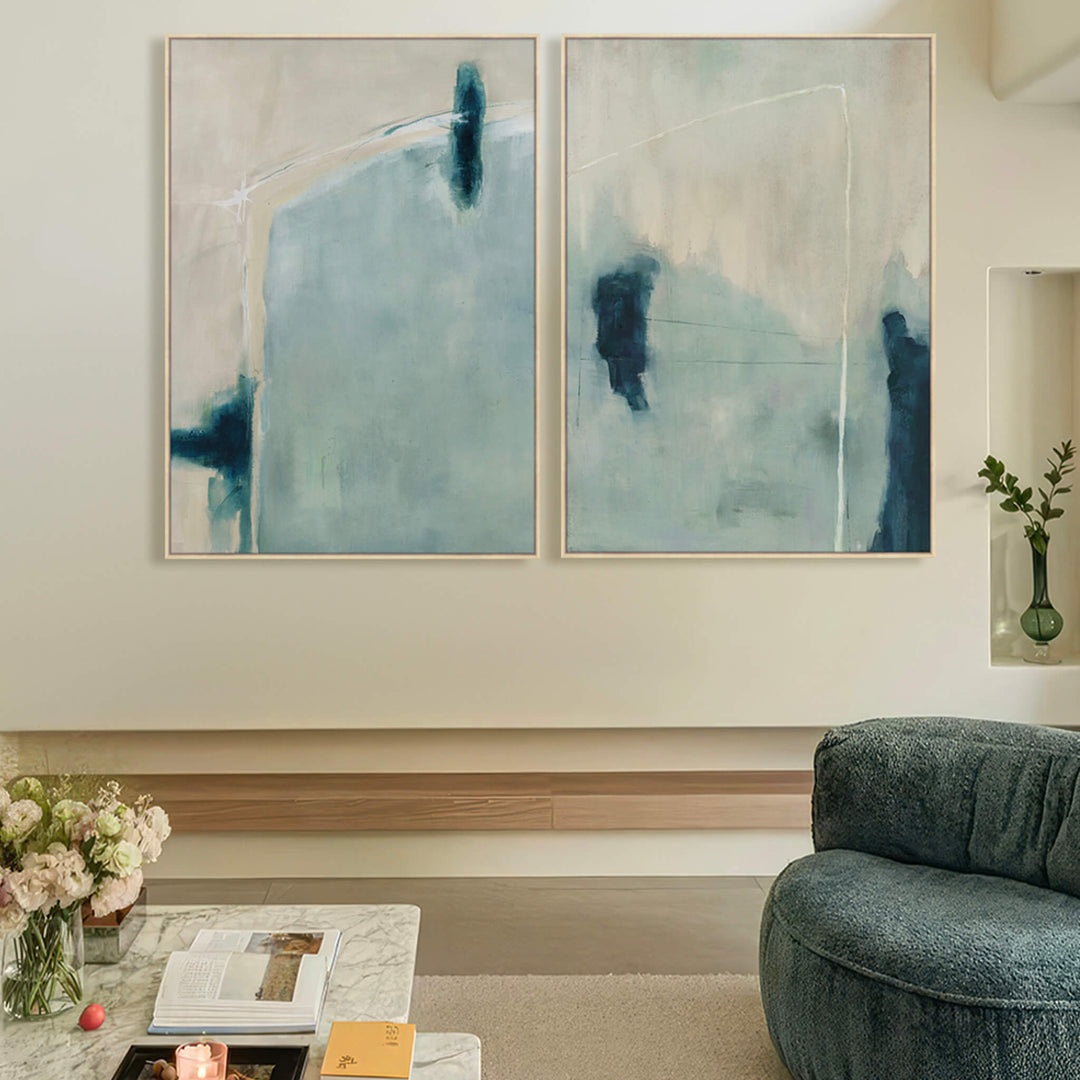 TAVIRA FRAMED  CANVAS PRINT |  SET OF 2  |  90 X 120CM  |  MIST BLUE + LIGHT TAUPE  |  ELM FRAME