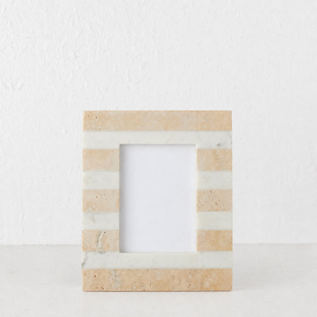 TIA PHOTO FRAME | 4X6 | TRAVERTINE + MARBLE STRIPE
