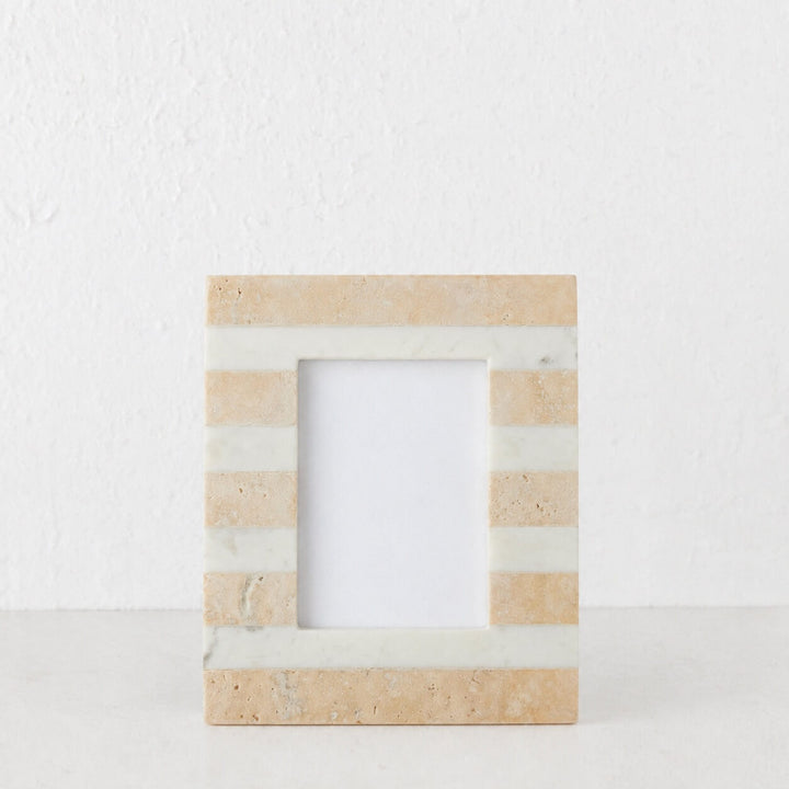 TIA PHOTO FRAME | 4X6 | TRAVERTINE + MARBLE STRIPE