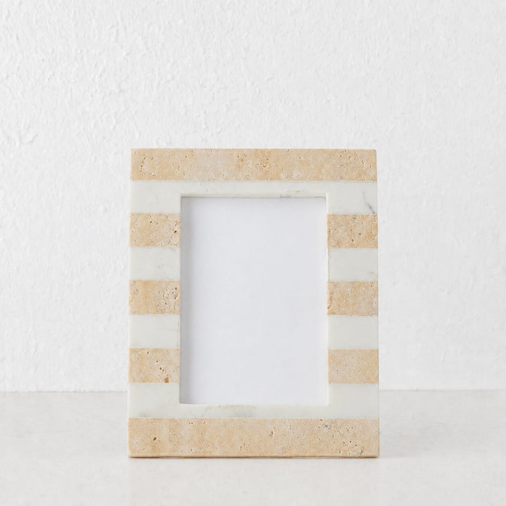 TIA PHOTO FRAME | 5X7 | TRAVERTINE + MARBLE STRIPE