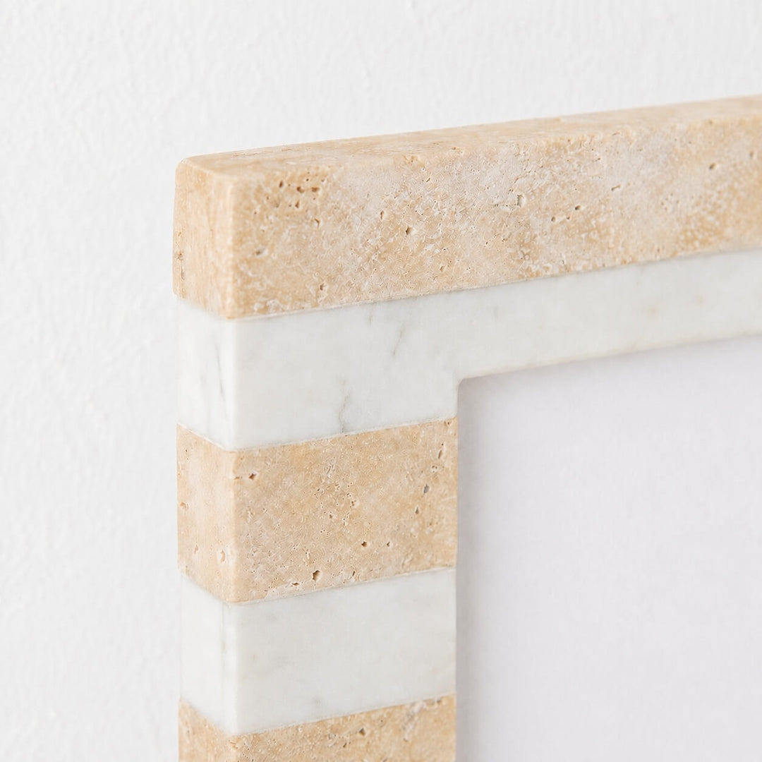 TIA PHOTO FRAME | close  up | TRAVERTINE + MARBLE STRIPE