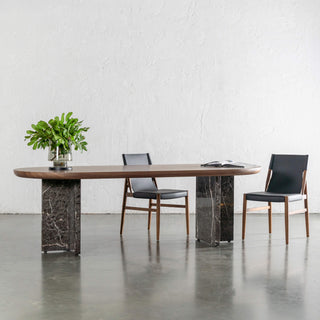 TOULON MARBLE DINING TABLE  |   240CM + 270CM  |  DEEP WALNUT WOOD GRAIN  |  PIETRA DARK GREY MARBLE