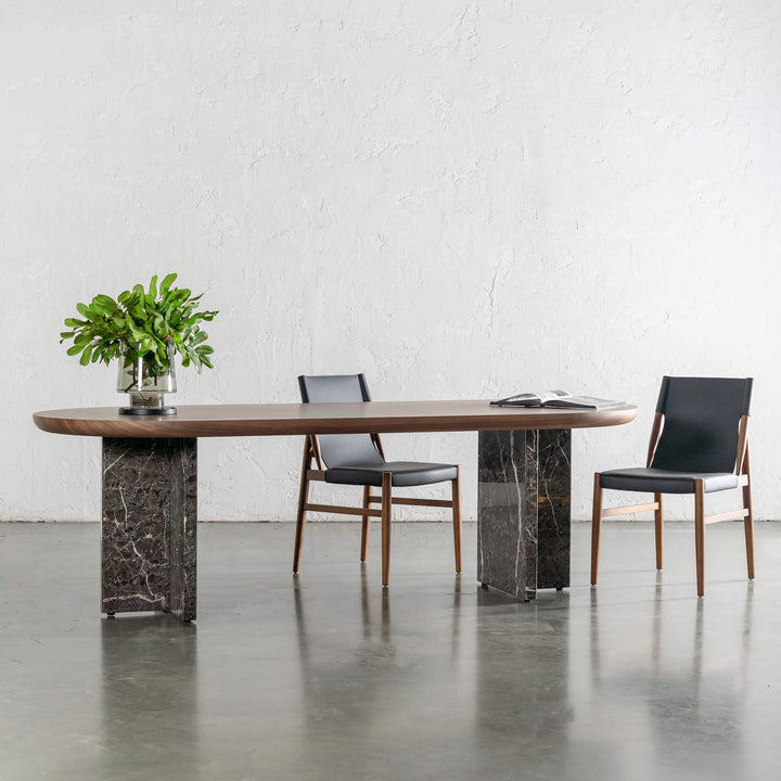 TOULON MARBLE DINING TABLE  |   240CM + 270CM  |  DEEP WALNUT WOOD GRAIN  |  PIETRA DARK GREY MARBLE