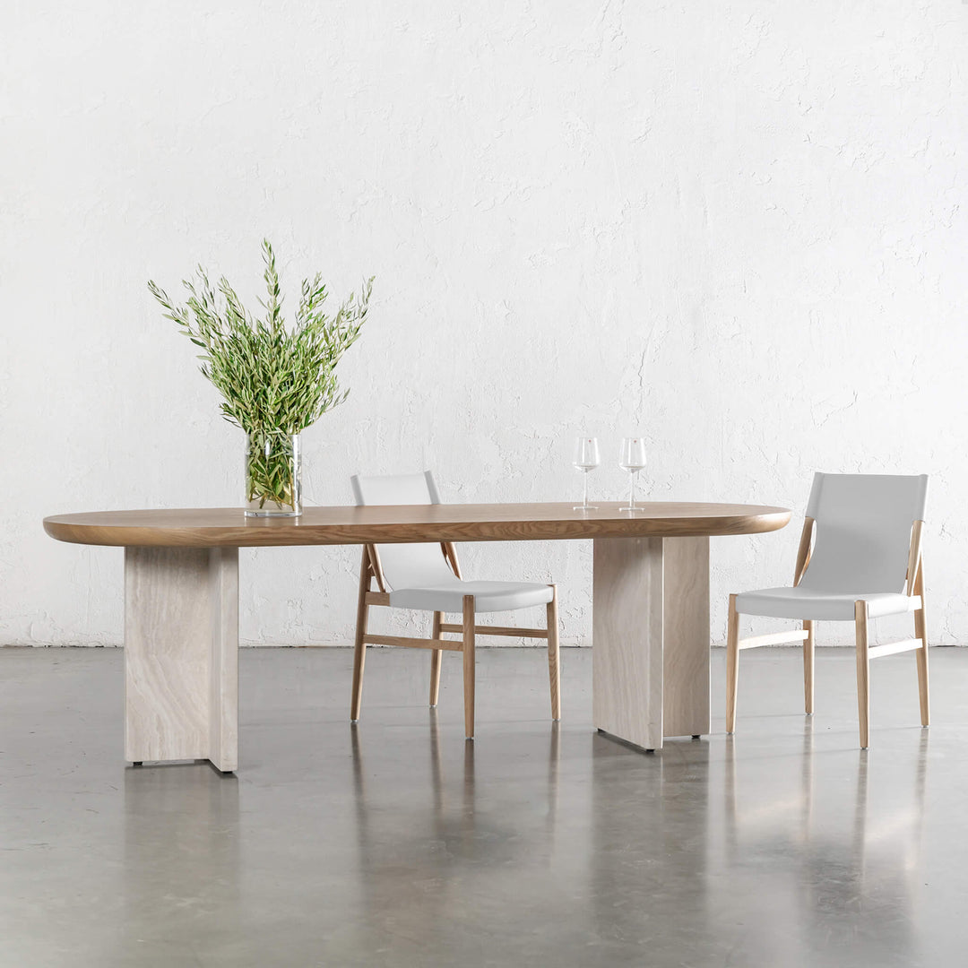 TOULON MARBLE DINING TABLE  |   240CM + 270CM  |  BIRCH ASH WOOD GRAIN  |  CAPIR NUTMEG MARBLE