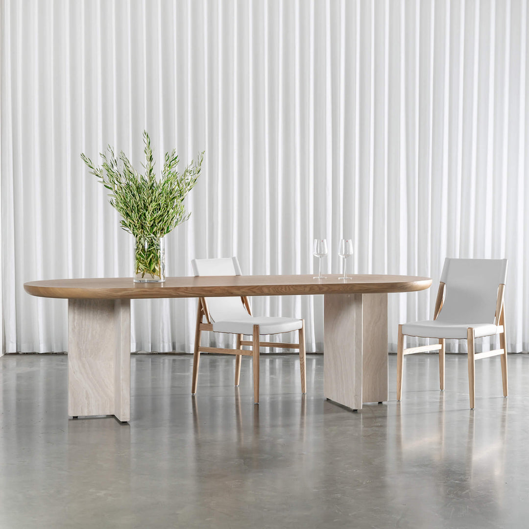 TOULON MARBLE DINING TABLE  |   240CM + 270CM  |  BIRCH ASH WOOD GRAIN  |  CAPIR NUTMEG MARBLE