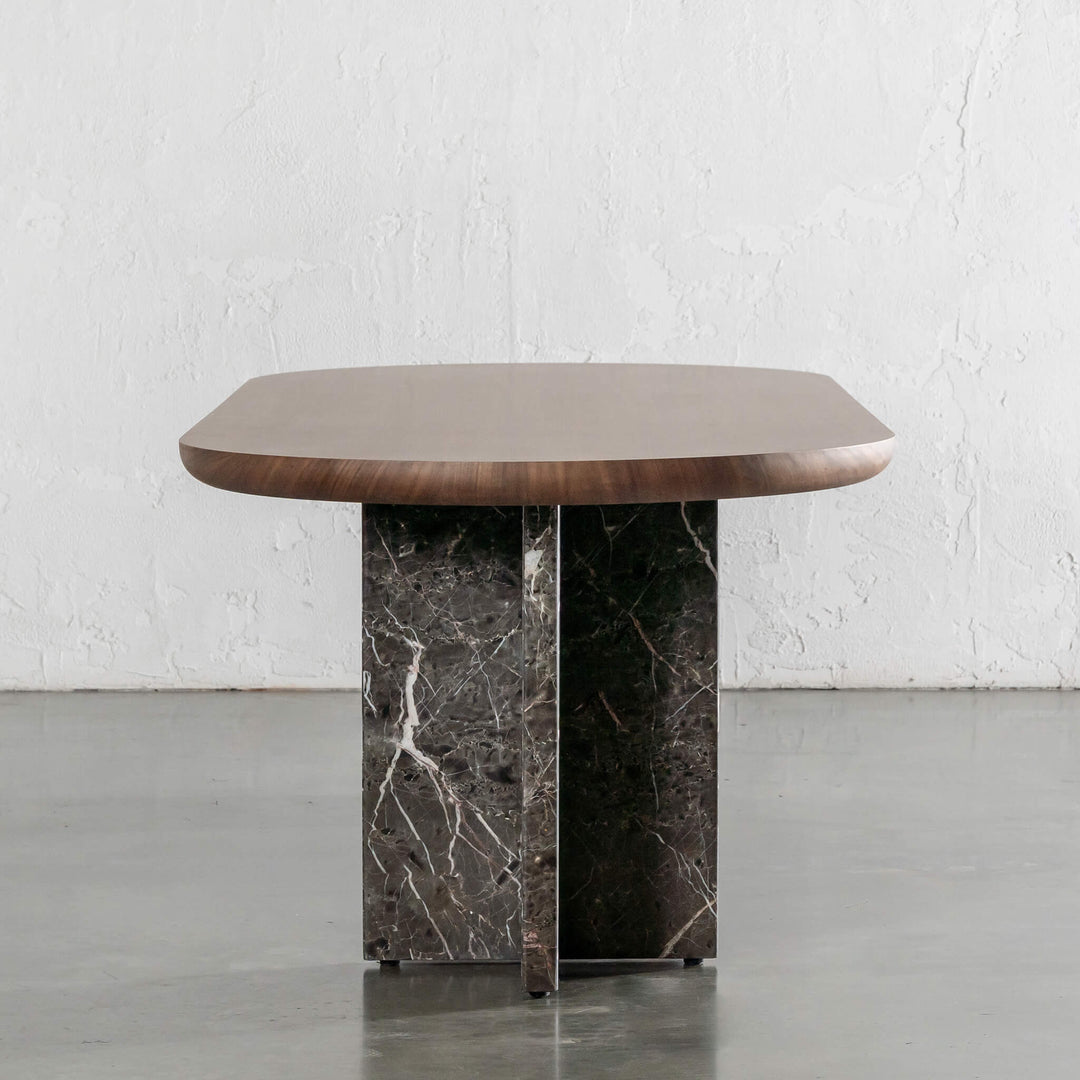 TOULON MARBLE DINING TABLE  |   240CM + 270CM  |  DEEP WALNUT WOOD GRAIN  |  PIETRA DARK GREY MARBLE