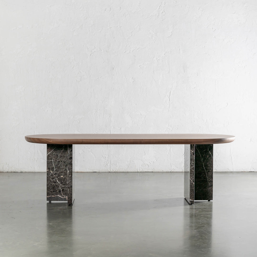 TOULON MARBLE DINING TABLE  |   240CM + 270CM  |  DEEP WALNUT WOOD GRAIN  |  PIETRA DARK GREY MARBLE