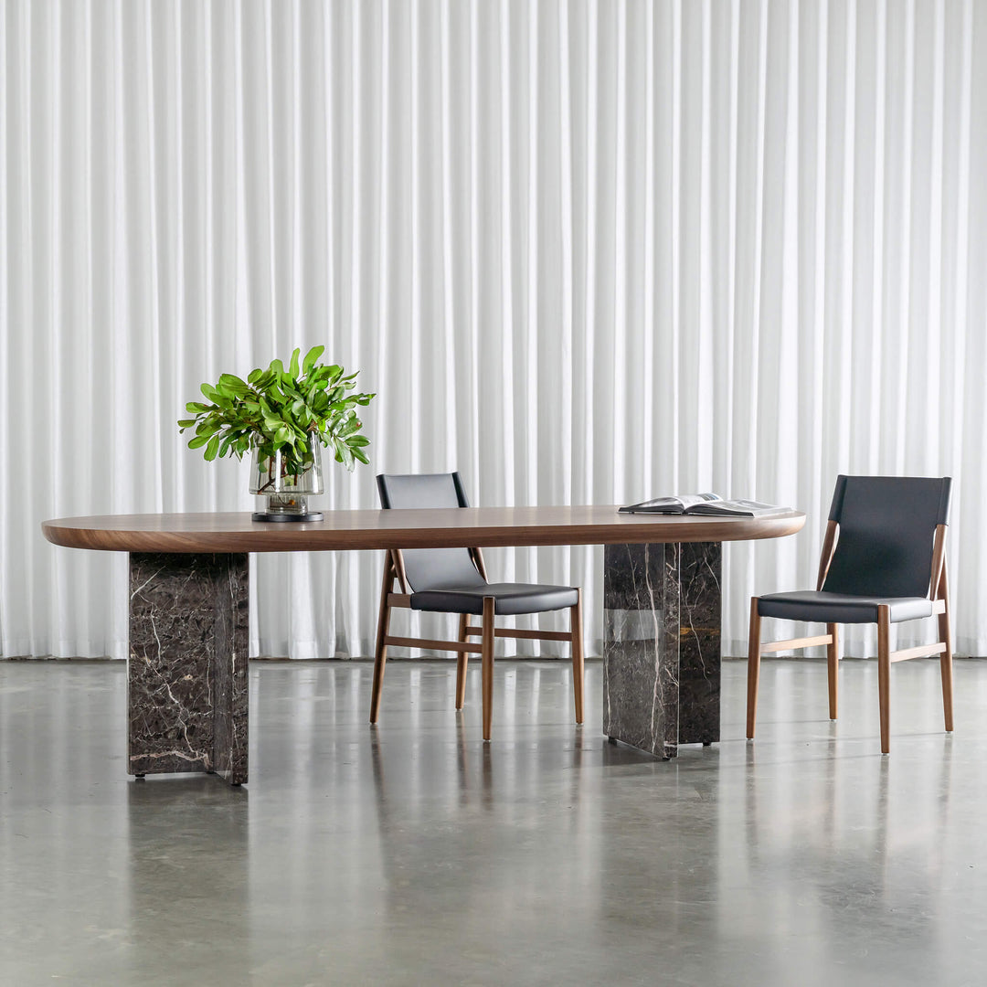 TOULON MARBLE DINING TABLE  |   240CM + 270CM  |  DEEP WALNUT WOOD GRAIN  |  PIETRA DARK GREY MARBLE