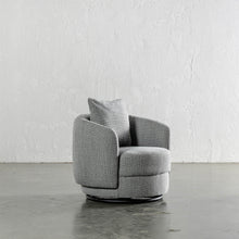 TRAVECY CURVED SWIVEL ARMCHAIR  |  PEPPER HAZE WEAVE  |  ANGLED