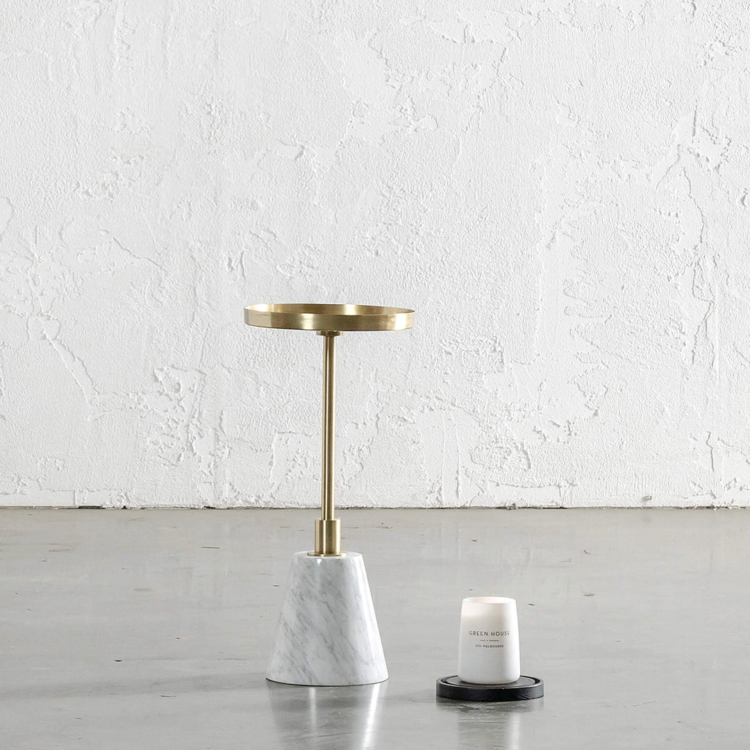 VALENTA BRUSHED STAINLESS STEEL + CARRARA MARBLE SIDE TABLE  |  D25CM