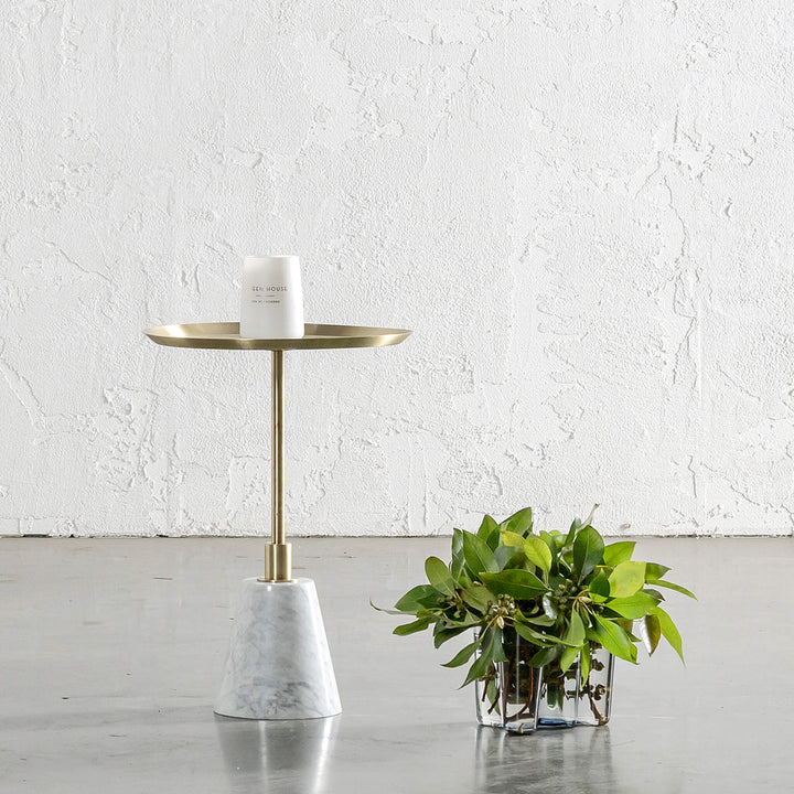 VALENTA BRUSHED STAINLESS STEEL + CARRARA MARBLE SIDE TABLE  |  D40CM