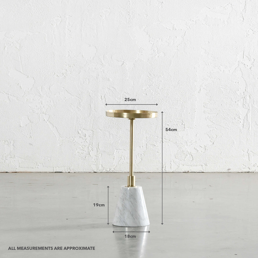 VALENTA BRUSHED STAINLESS STEEL + CARRARA MARBLE SIDE TABLE | D25CM | MEASUREMENTS