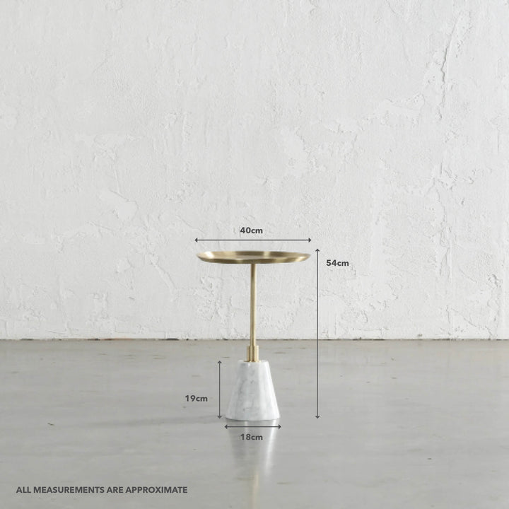 VALENTA BRUSHED STAINLESS STEEL + CARRARA MARBLE SIDE TABLE | D40CM | MEASUREMENTS