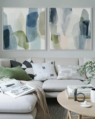 LBD EXCLUSIVE  |  VALERIO FRAMED CANVAS PRINT  |  SET OF 2  |  100CM X 100CM  |  GREEN + BLUE + WHITE