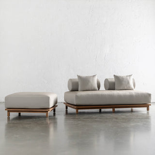 VALLE GRANDE OUTDOOR OTTOMAN + 2 SEATER SOFA  |  TRAVERTINE FOG + TEAK COLLECTION
