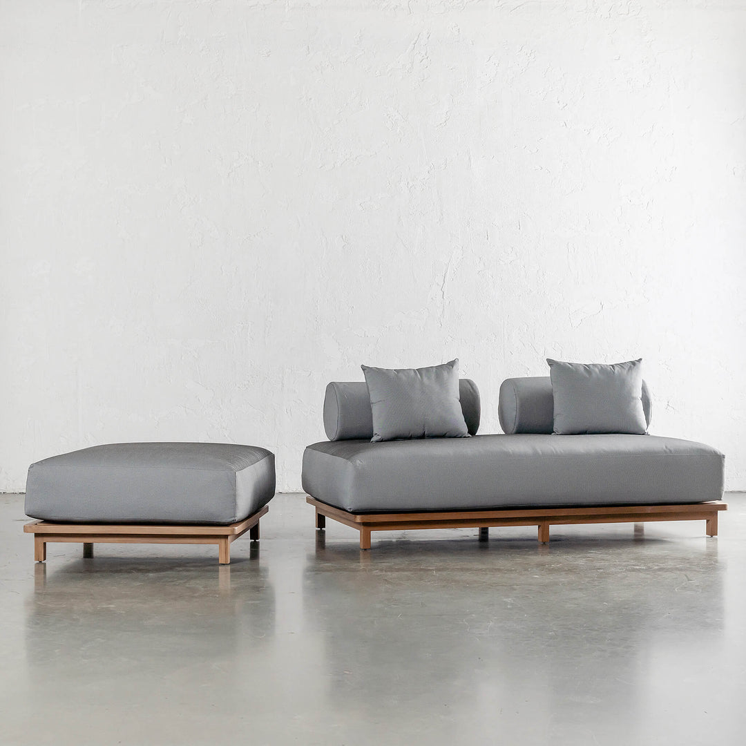 VALLE GRANDE OUTDOOR OTTOMAN + 2 SEATER SOFA  | URBANE GREY + TEAK COLLECTION
