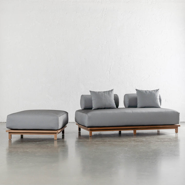 VALLE GRANDE OUTDOOR OTTOMAN + 2 SEATER SOFA  | URBANE GREY + TEAK COLLECTION