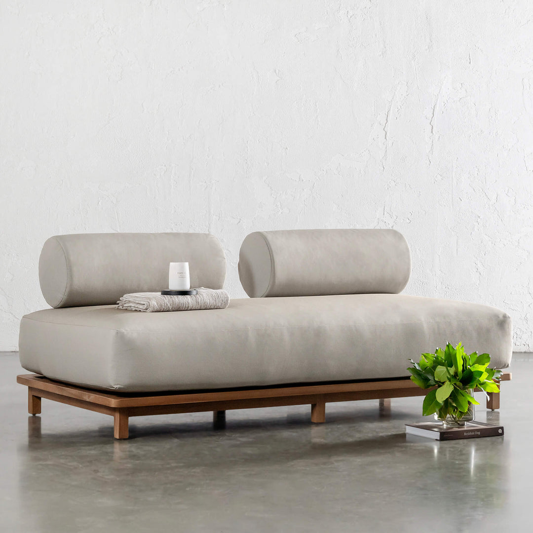 VALLE GRANDE OUTDOOR 2 SEATER SOFA  |  TRAVERTINE FOG + TEAK