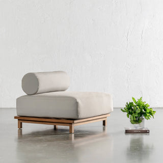 VALLE GRANDE OUTDOOR ARMCHAIR  |  TRAVERTINE FOG + TEAK