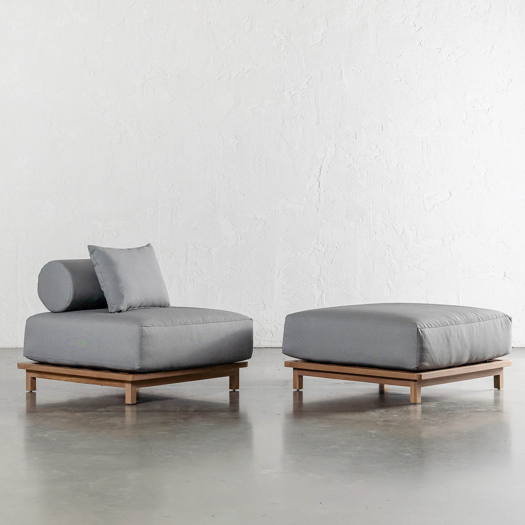 VALLE GRANDE OUTDOOR OTTOMAN  + ARMCHAIR | URBANE GREY + TEAK COLLECTION