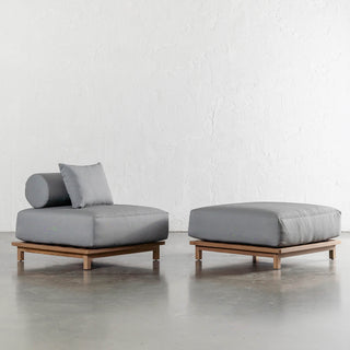 VALLE GRANDE OUTDOOR OTTOMAN  + ARMCHAIR | URBANE GREY + TEAK COLLECTION