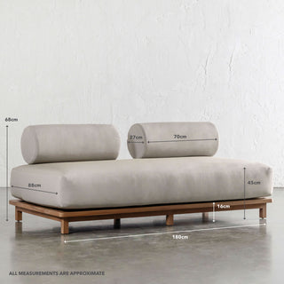 VALLE GRANDE OUTDOOR 2 SEATER SOFA  |  TRAVERTINE FOG + TEAK  |  MEASUREMENTS