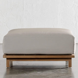 VALLE GRANDE OUTDOOR OTTOMAN  |  TRAVERTINE FOG + TEAK | BASE CLOSEUP