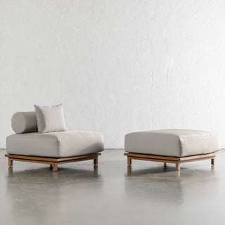 VALLE GRANDE OUTDOOR OTTOMAN + ARMCHAIR  |  TRAVERTINE FOG + TEAK