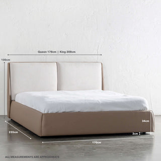 VESIMA BED FRAME | BEIGE ROYAL + TOBACCO TAN VEGAN LEATHER | KING + QUEEN MEASUREMENTS