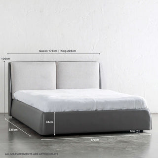 VESIMA BED FRAME | MISTY GREY + DEEP OLIVE MOSS VEGAN LEATHER | KING + QUEEN MEASUREMENTS