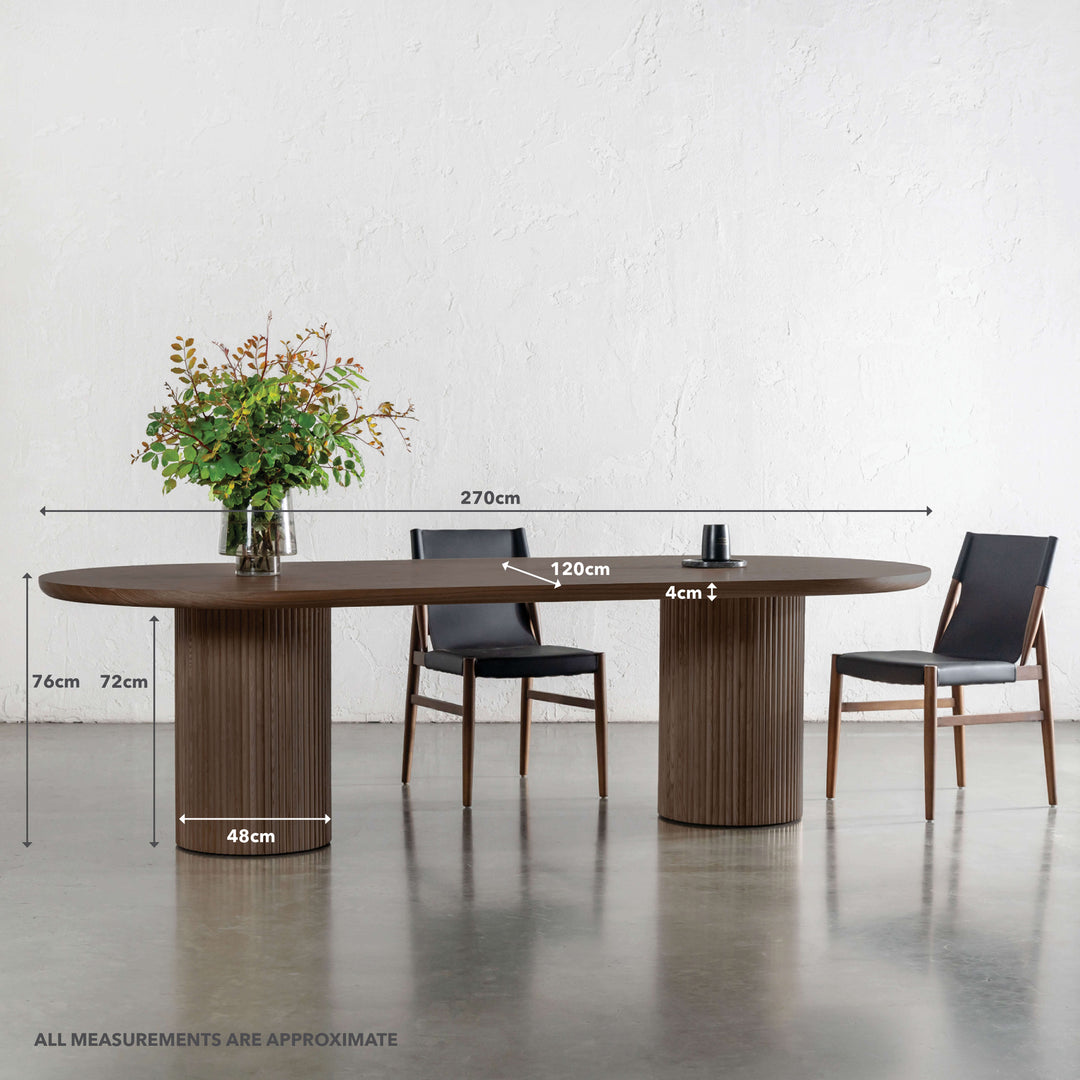 VITOLO OVAL PILLAR DINING TABLE | DEEP WALNUT WOOD GRAIN | 270CM | MEASUREMENTS