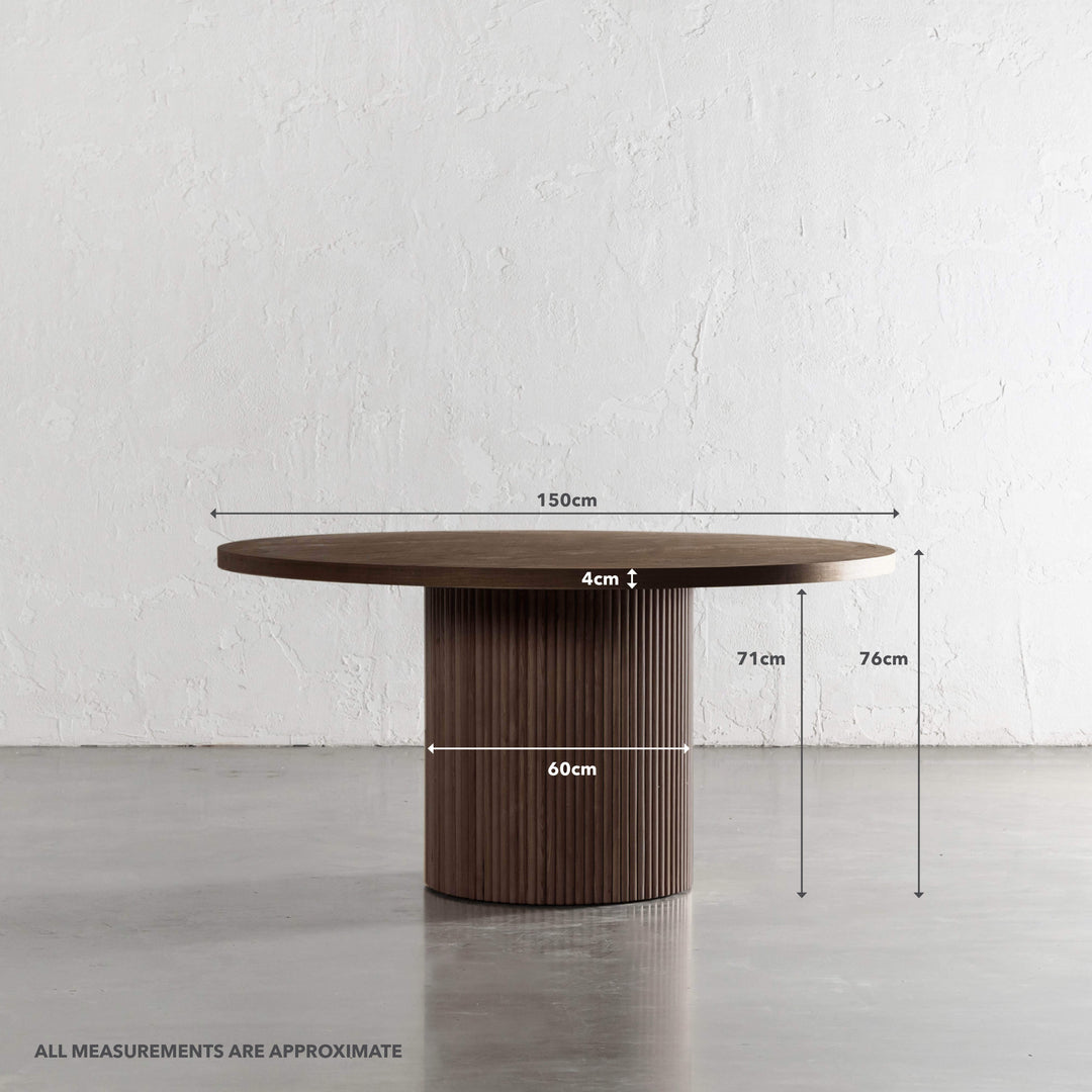 VITOLO ROUND DINING TABLE  |  DEEP WALNUT WOOD GRAIN  |  150CM | MEASUREMENTS