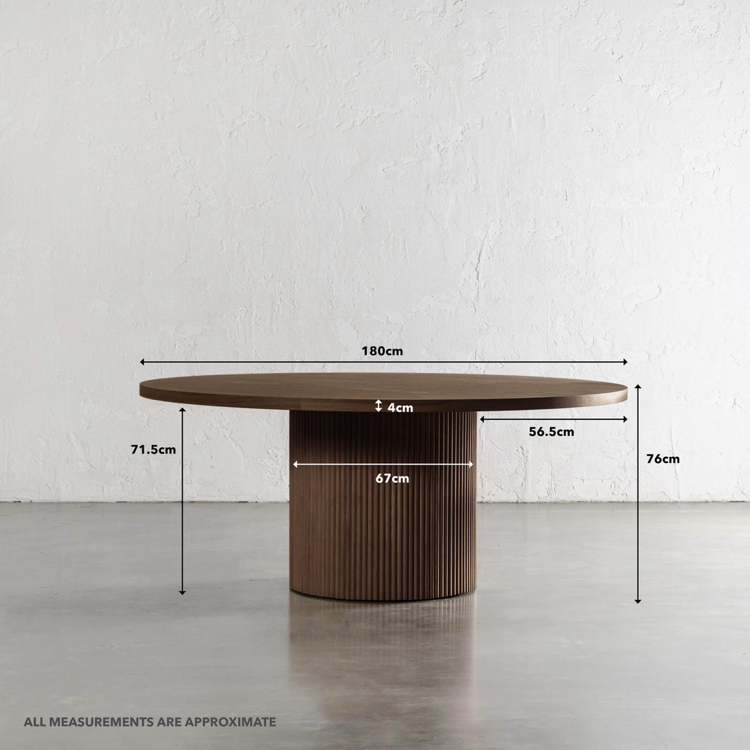 VITOLO ROUND DINING TABLE  |  DEEP WALNUT WOOD GRAIN  |  180CM | MEASUREMENTS
