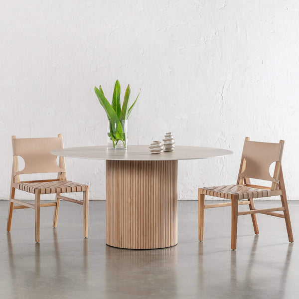 VITOLO CERAMICA ROUND PILLAR DINING TABLE  |  BIRCH ASH  |  TRAVERTINE TUMBLED BEIGE TOP  |  150CM