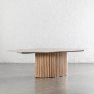 VITOLO OVAL PILLAR DINING TABLE  |  BIRCH ASH  |  TRAVERTINE TUMBLED BEIGE TOP  | 260CM