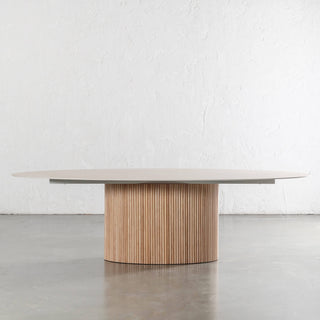 VITOLO OVAL PILLAR DINING TABLE  |  BIRCH ASH  |  TRAVERTINE TUMBLED BEIGE TOP  | 260CM