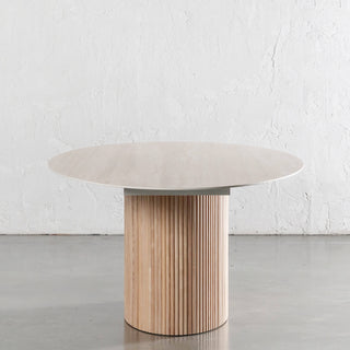 VITOLO OVAL PILLAR DINING TABLE  |  BIRCH ASH  |  TRAVERTINE TUMBLED BEIGE TOP  | 260CM