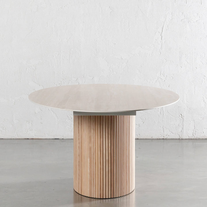 VITOLO OVAL PILLAR DINING TABLE  |  BIRCH ASH  |  TRAVERTINE TUMBLED BEIGE TOP  | 260CM