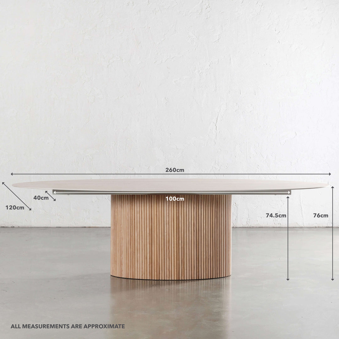 VITOLO OVAL PILLAR DINING TABLE  |  BIRCH ASH  |  TRAVERTINE TUMBLED BEIGE TOP  | 260CM