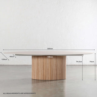 VITOLO OVAL PILLAR DINING TABLE  |  BIRCH ASH  |  TRAVERTINE TUMBLED BEIGE TOP  | 260CM