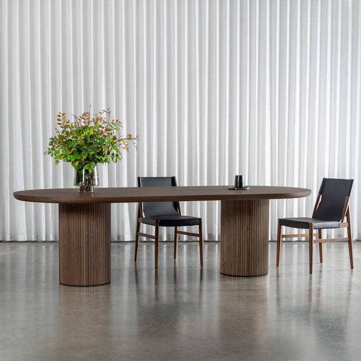 VITOLO OVAL PILLAR DINING TABLE  |  DEEP WALNUT WOOD GRAIN  |  270CM