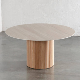 VITOLO ROUND PILLAR DINING TABLE  |  BIRCH ASH  |  TRAVERTINE TUMBLED BEIGE TOP  |  150CM