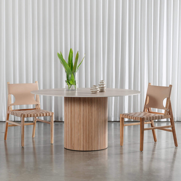 VITOLO ROUND PILLAR DINING TABLE  |  BIRCH ASH  |  TRAVERTINE TUMBLED BEIGE TOP  |  150CM