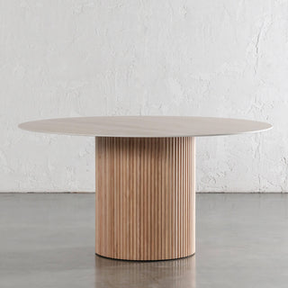 VITOLO ROUND PILLAR DINING TABLE  |  BIRCH ASH  |  TRAVERTINE TUMBLED BEIGE TOP  |  150CM