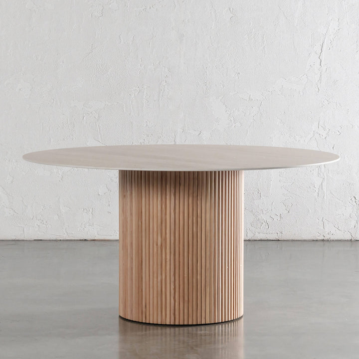 VITOLO ROUND PILLAR DINING TABLE  |  BIRCH ASH  |  TRAVERTINE TUMBLED BEIGE TOP  |  150CM
