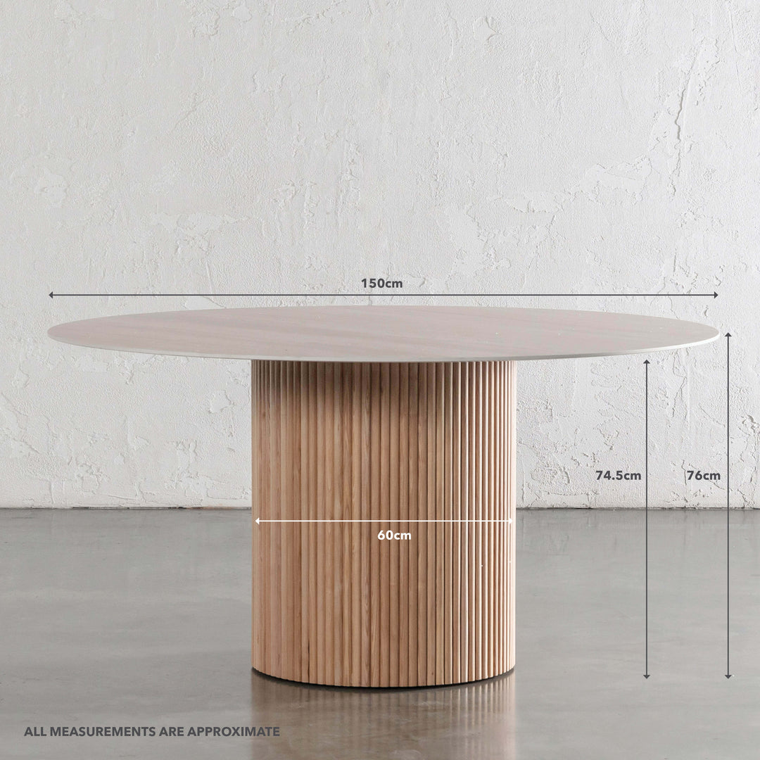 VITOLO ROUND PILLAR DINING TABLE  |  BIRCH ASH  |  TRAVERTINE TUMBLED BEIGE TOP  |  150CM